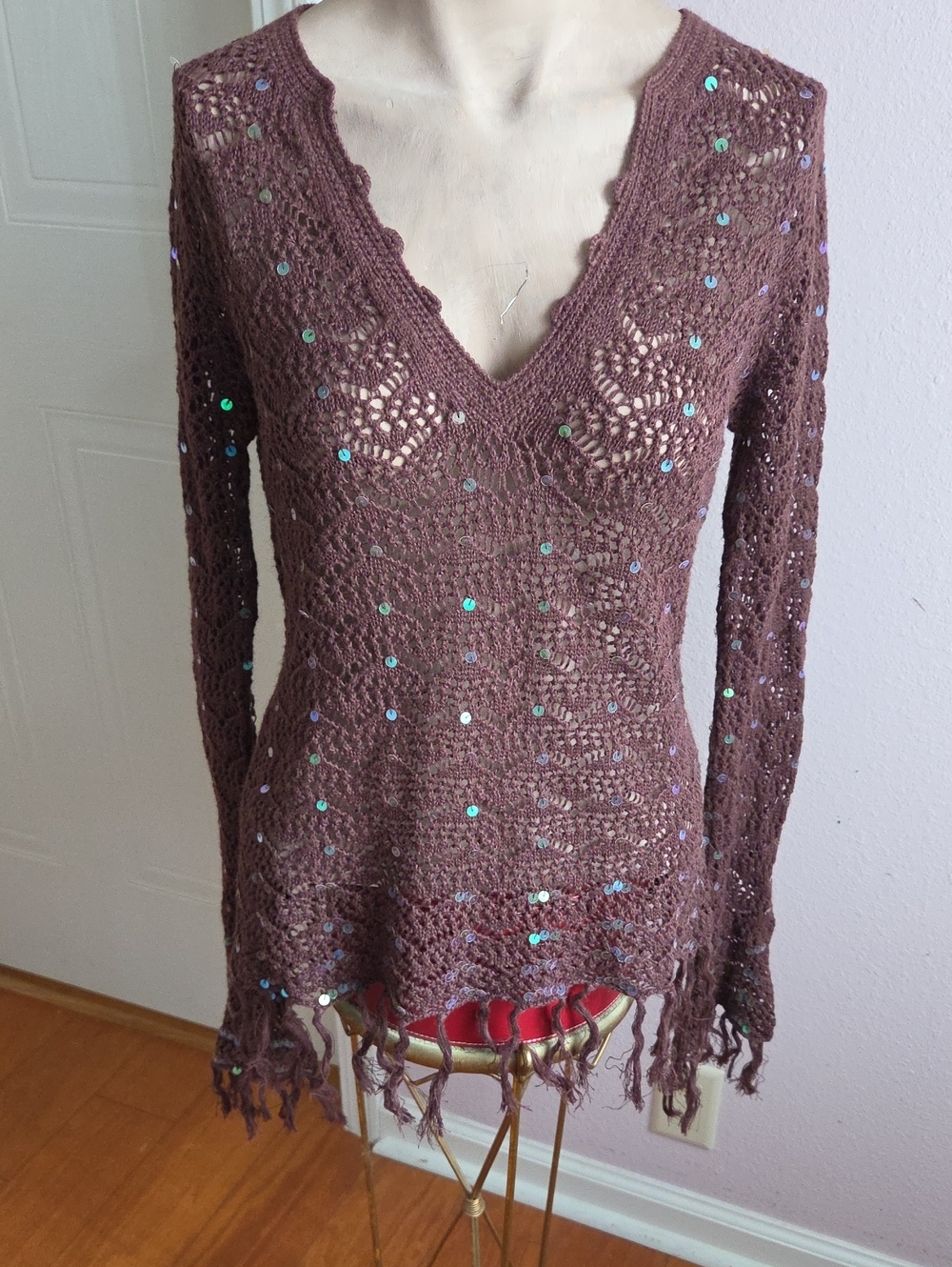 Moda International Brown Crochet V-Neck Sequin Fringe Sweater